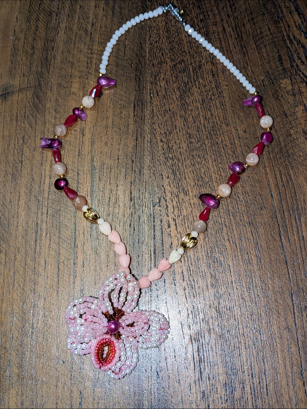 Beaded Pink Floral Pendant Necklace